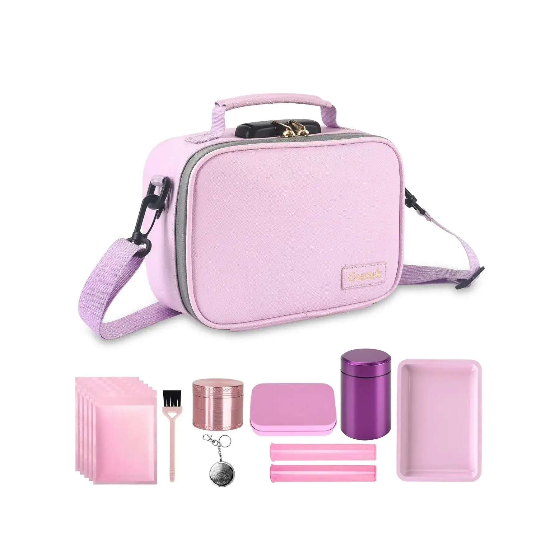 Leather Lockable Storage Bag with 9 Accessories, Portable Odor Resistant Organizer Case with Combination Lock, Secure Container for Home & Travel, Travel Essentials Organization, Pink, 9" x 6" x 4