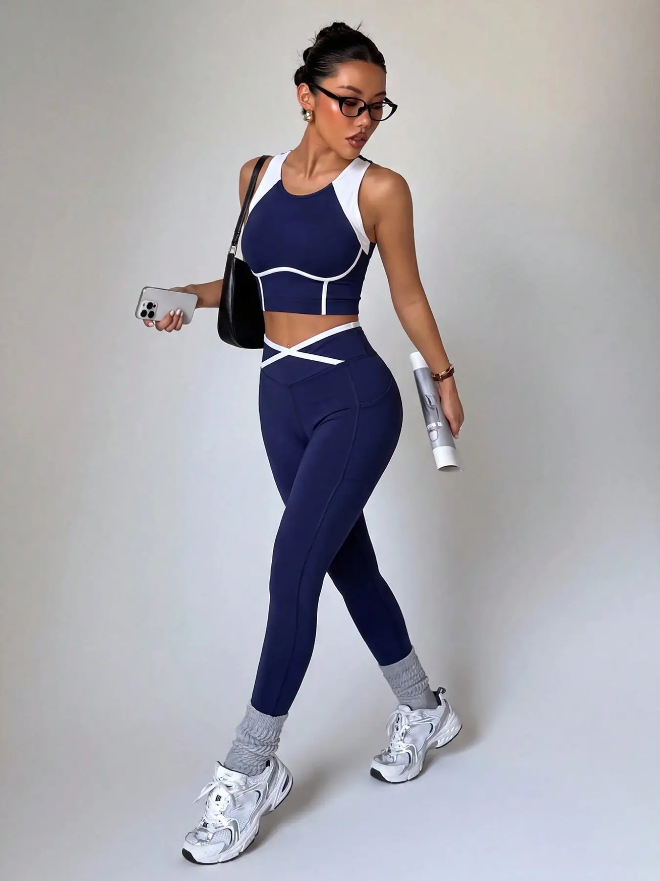 Women's Seamless Knitted Colorblock Sports Set, Tank Top Backless Yoga, 2-Piece Fitness Tight Suit, Gym, Casual, Home, Running