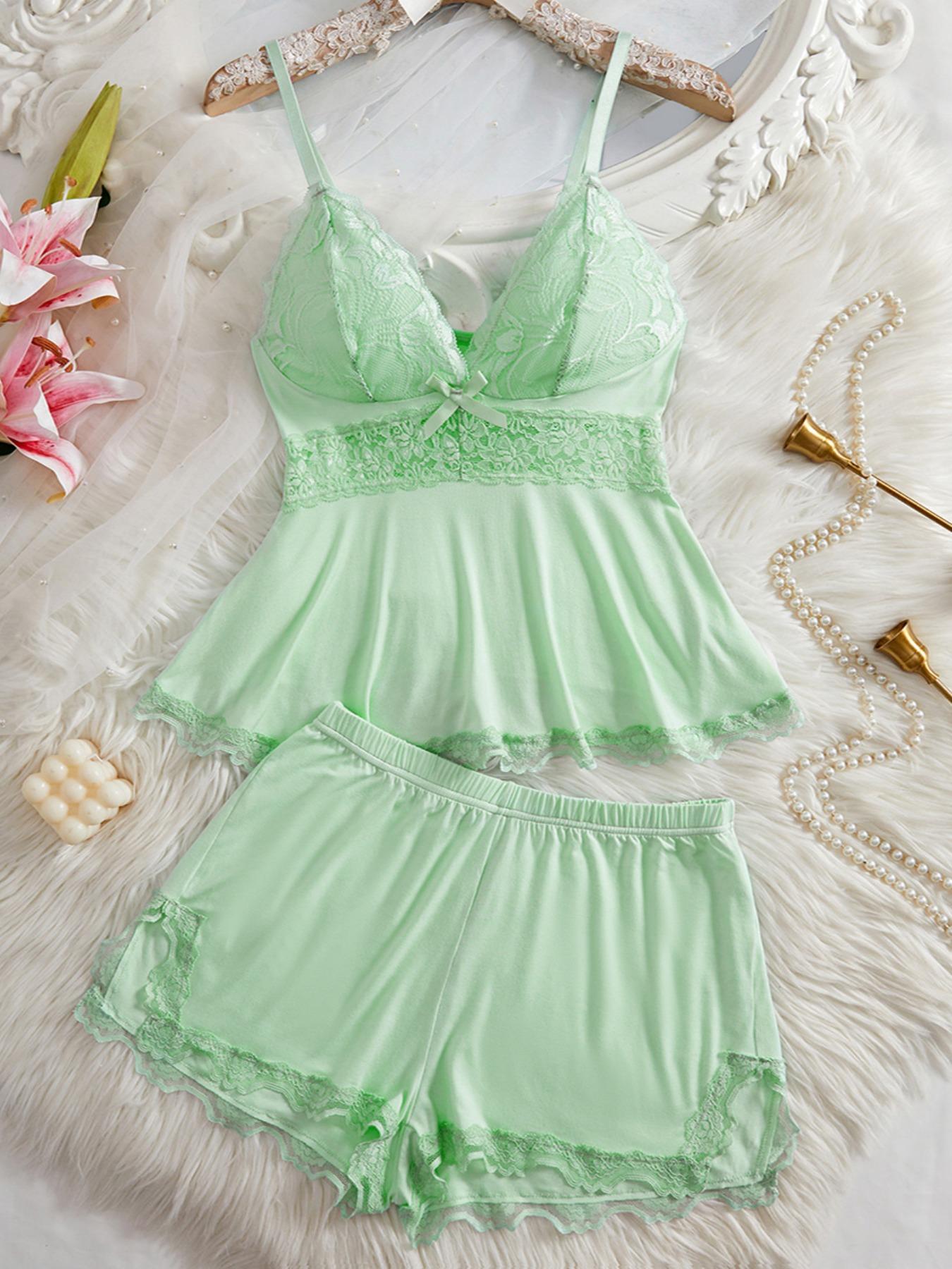 Women's Plain Lace Patchwork Bow Decor Aesthetic Cami Top & Shorts PJ Set, Adjustable Spaghetti Strap Camisole & Elastic Waist Shorts, Ladies Sleepwear for All Seasons Women's Plain Lace Patchwork Bow Decor Aesthetic Cami Top & Shorts PJ Set, Adjustable Spaghetti Strap Camisole & Elastic Waist Shorts, Ladies Sleepwear for All Seasons