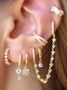 7Pcs Gold Plated Earring Set For Women Fashion Cubic Zirconia Stud Ear Cuff Chain Drop Hoop Earrings Stack Set Wedding Jewelry