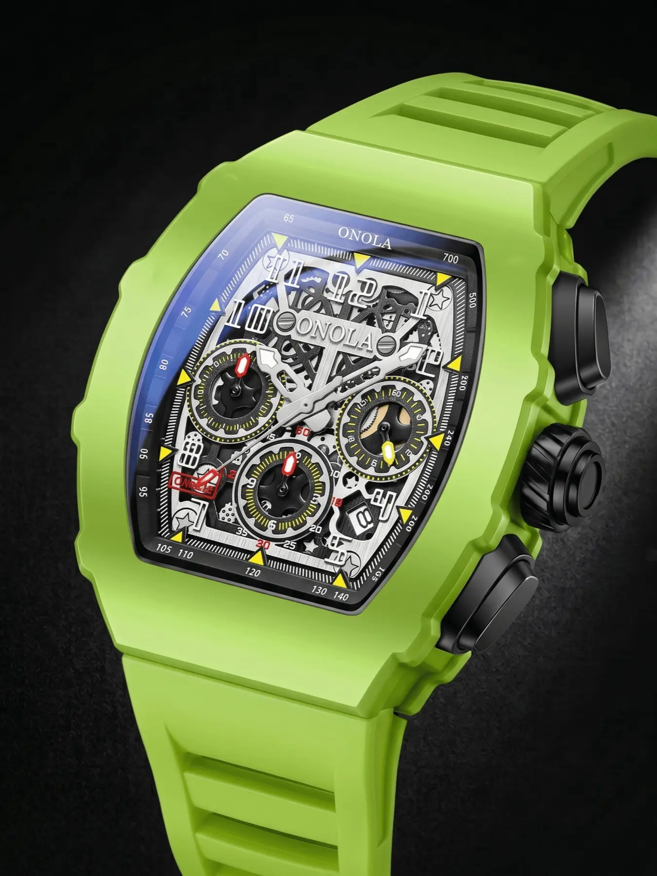 ONOLA Men Tonneau Skeleton Quartz Watch Chronograph Watches Luxury Fashion Trendy Quartz Watch Luminous Hollow Dial Silicone Strap 30M Waterproof Mineral Glass Large Metal Dial Male Business Watch Daily Commute Gift Watch For Men Skeleton Analog Watch