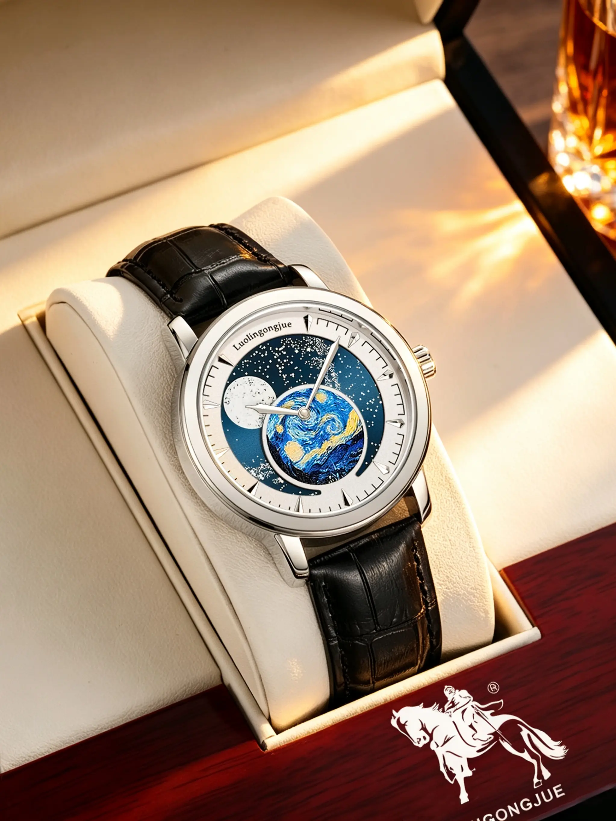 Artistic Van Gogh Starry Night Moon Phase Men's Waterproof Mechanical Watch, Round Analog Face, Alloy Case, Mineral Glass, All Seasons