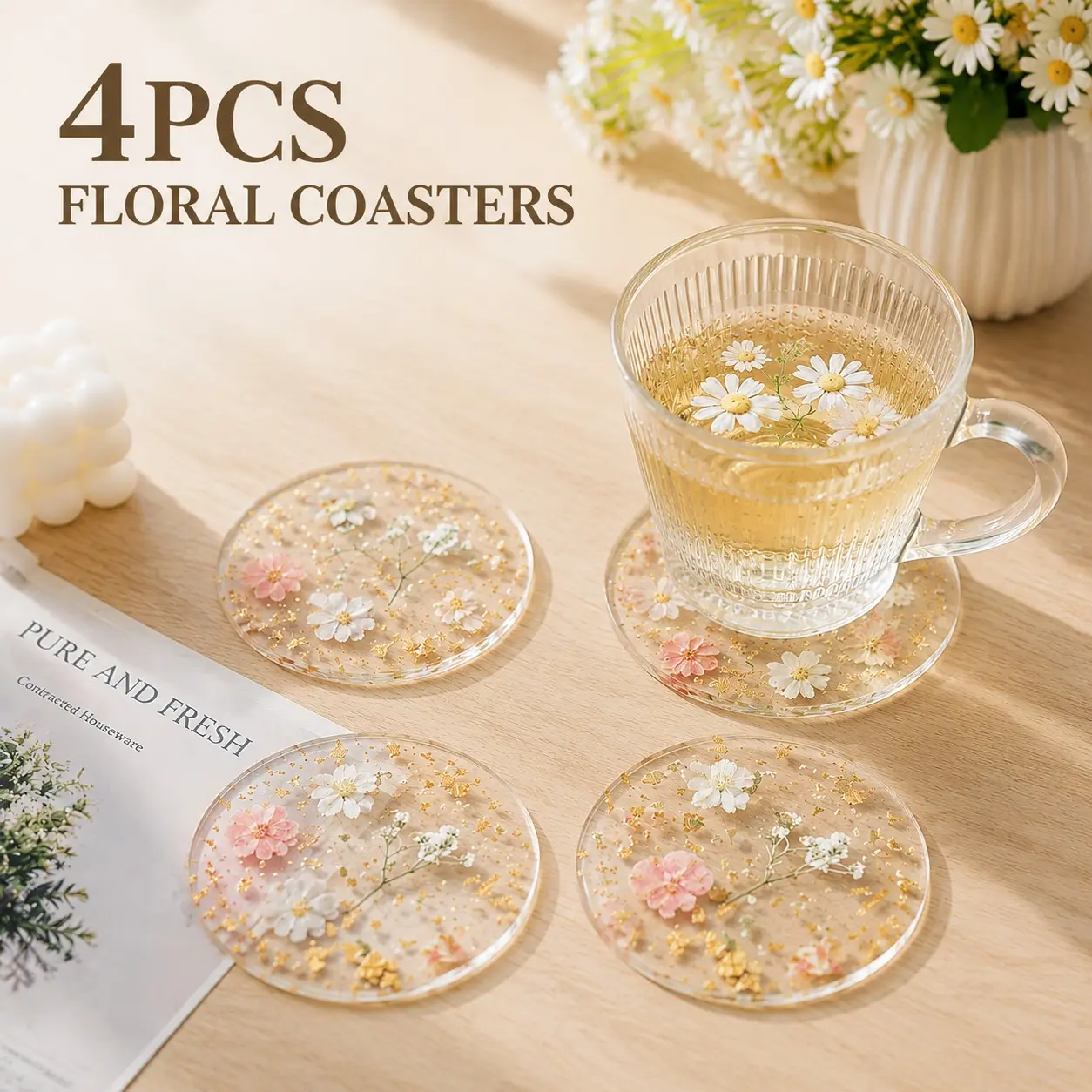 4pcs Transparent Floral Acrylic Coasters, Waterproof, Non-Slip, Heat Resistant, Home Gift, Office Desk, Wedding Birthday Party Decor