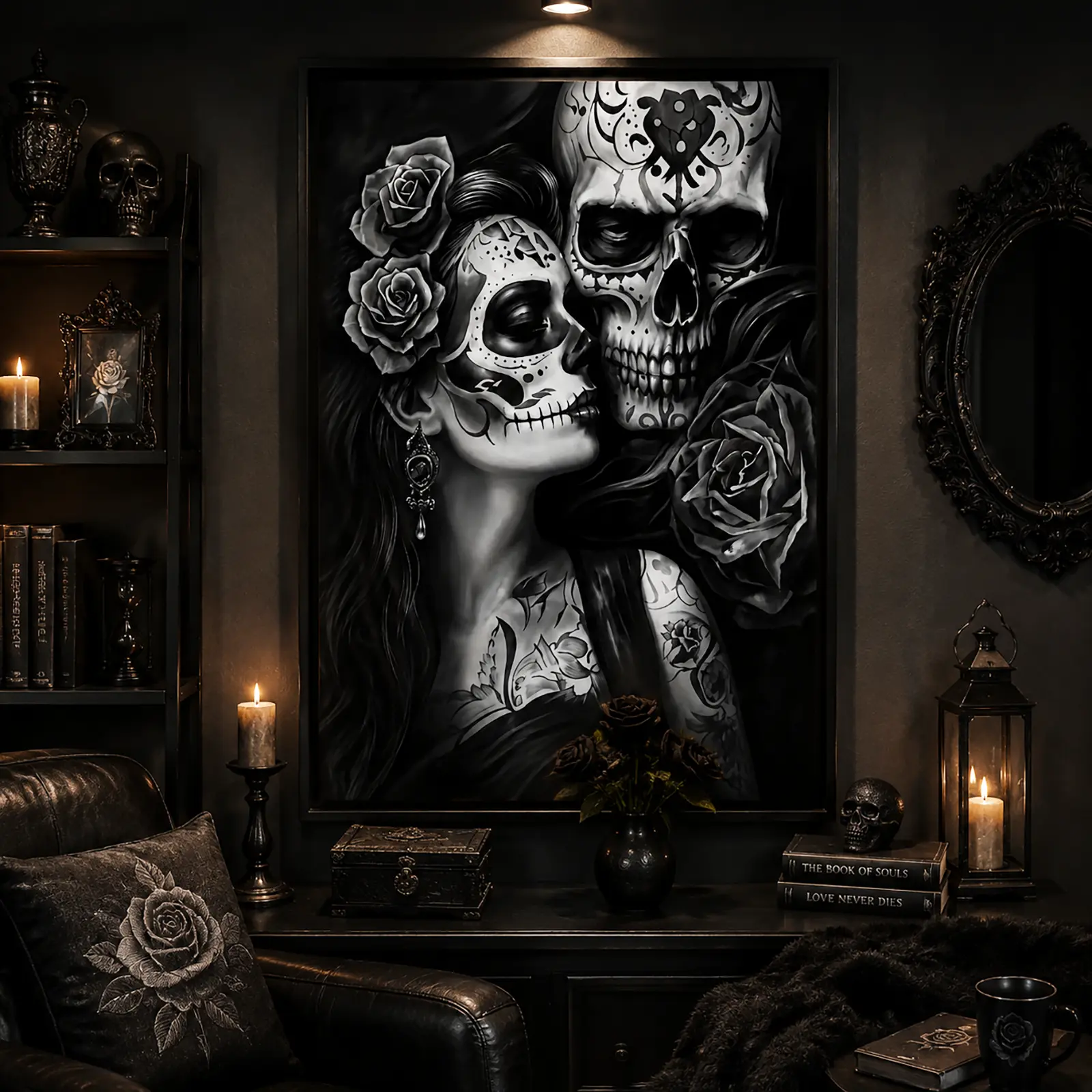 Gothic Skull Couple Canvas Wall Art Poster,Dark Romantic Skeleton Lovers Poster, Black and White Gothic Decor, Bedroom & Halloween Gift