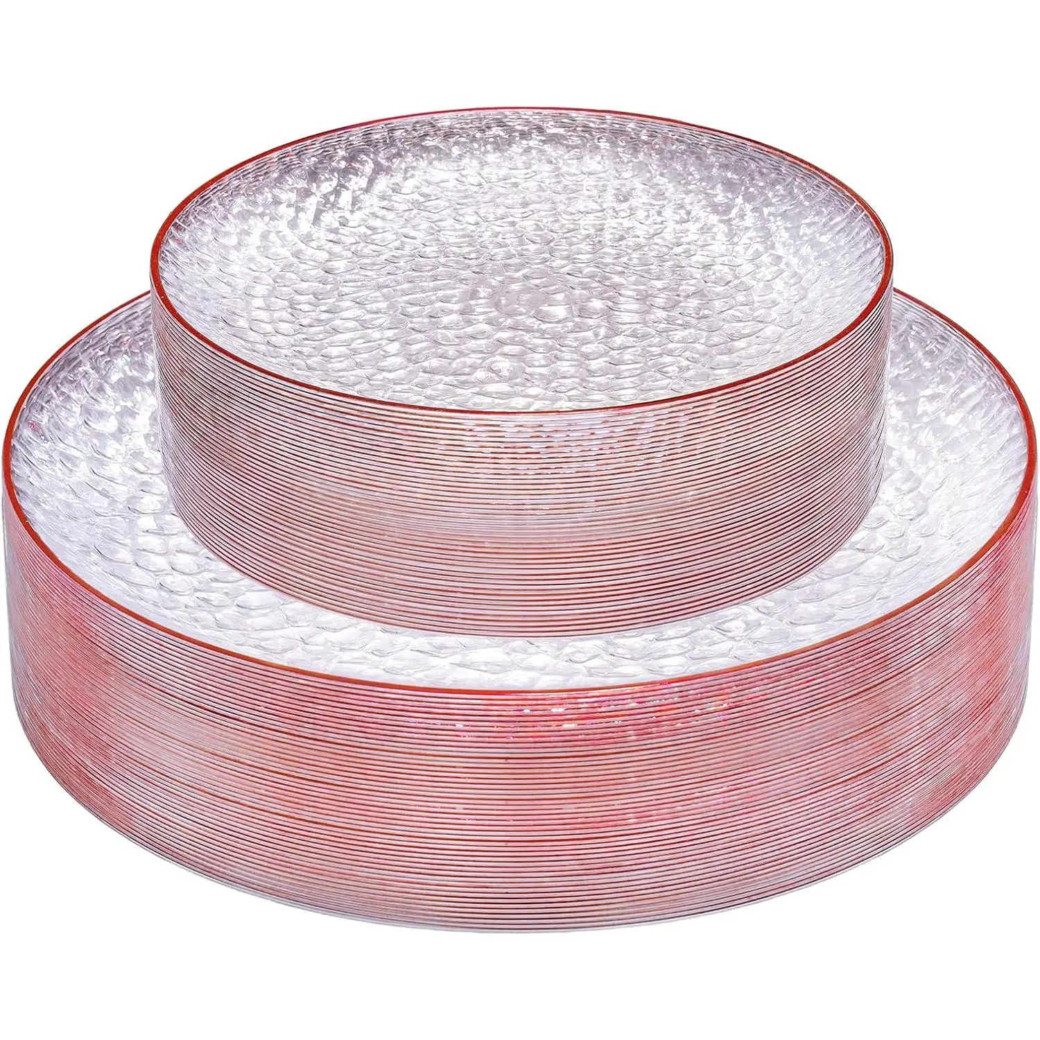 60Pcs Red Plastic Plates, Clear Plastic Plates With Red Rim, Heavy Duty Disposable plates, Fancy Hammered plates Include 30Dinner Plate 30Dessert Plate for Mother's Day