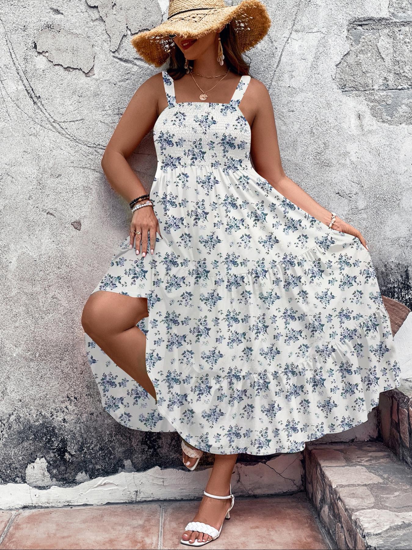 Women's Plus Size Solid Bohemian Shirred Tiered Layer Cami Dress, Elegant Ruffle Hem High Waist A-line Dress for Beach Holiday, Women's Clothes for All Seasons