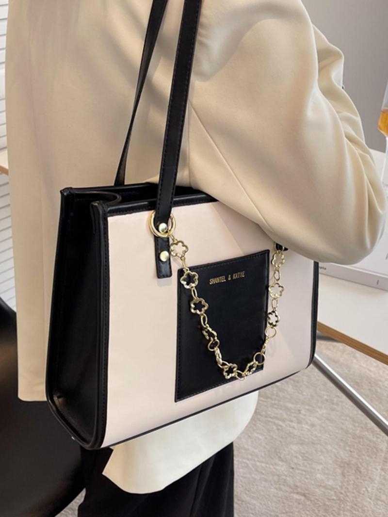 Fashion Chain Decorated Tote Bag As Summer Outfits 2024, Elegant Colorblock Letter Label Design Shoulder Bag for Women, All-match Commuter Bag for Work & Daily Used