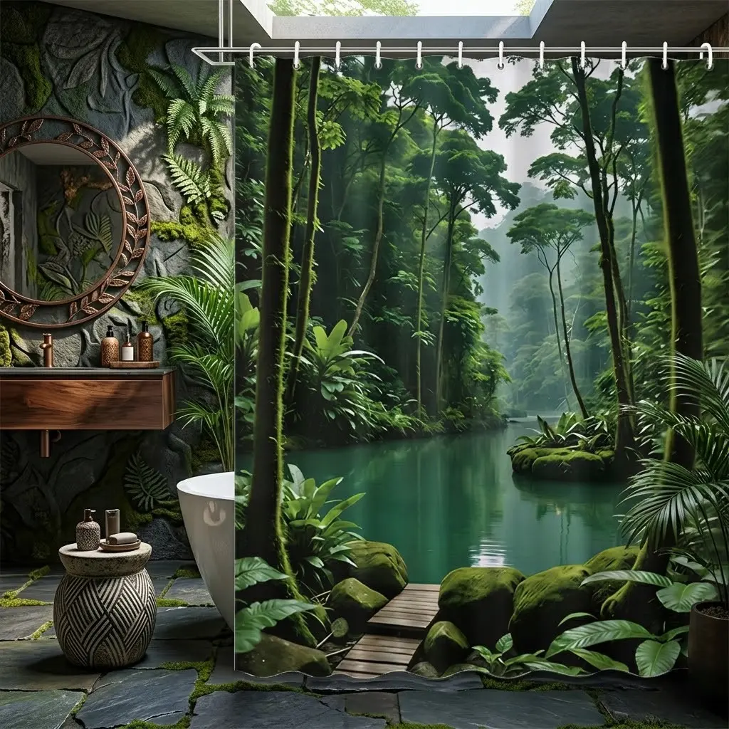 1pcs Lush Tropical Rainforest River Decorative Shower Curtain, Green Jungle Tree and Calm Lake Nature Bath Curtain for Bathroom Decor, Serene Wilderness Botanical Bathroom Curtain for Home, Perfect for Earth Day, Summer & Nature Inspired Bathroom Refresh