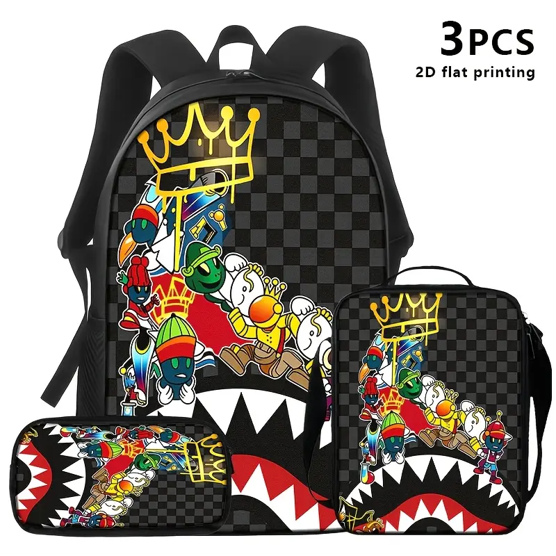 Graffiti King 3-Piece Backpack Set, Checkerboard Shark Print School Bag + Lunch Bag + Pencil Case, Oxford Cloth Adjustable Strap Daypack for Streetwear Fans & Kids
