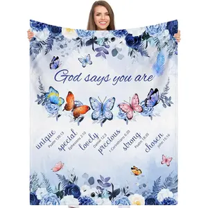 God Says You Are Flannel Blanket, Blue Rose Butterfly Christian Soft Throw, Cozy Warm Religious Faith Gift for Her Women Mom, Inspirational Bible Verse Home Decor for Couch Sofa Bed, AC Room Summer Blanket, Birthday Mother's Day Easter Gift for Believers
