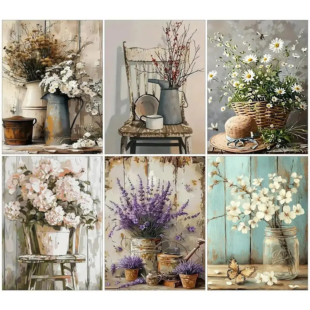 Vintage Farmhouse Paint-by-Numbers Kit - Floral Canvas Art Painting Set with Rustic Jar Lavender, Daisy, Hydrangea, Non-Toxic Water-Based Art Craft Supplies, Handcraft Holiday Gift for Adult Beginners Home Wall Decor