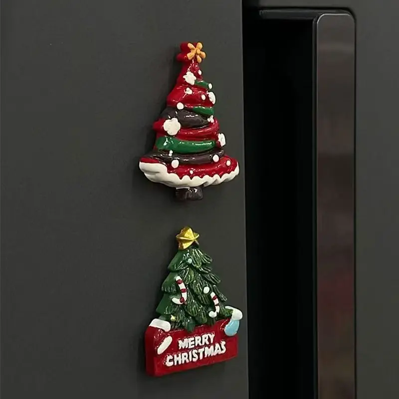 2 Christmas Fridge Magnets, Cute Christmas Tree Refrigerator Magnets with Star Designs, Funny Winter Xmas Red Magnet for Fridge Home Kitchen Party Decorations