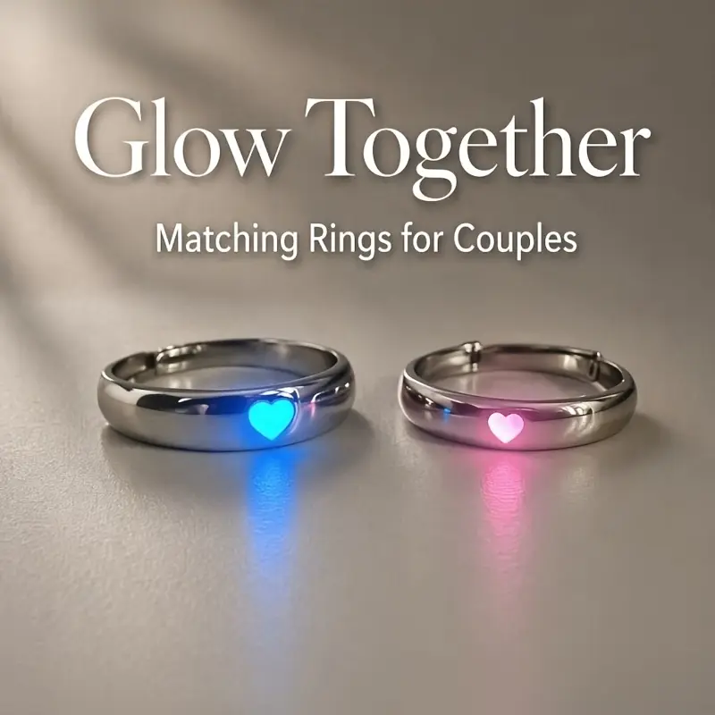 1 Pair Luminous Heart Couple Rings for Men Women, Adjustable Open Tone Band, Blue Pink Glow In Dark Love Matching Rings, Minimalist Daily Dating Valentine Jewelry, 2026 New Arrival
