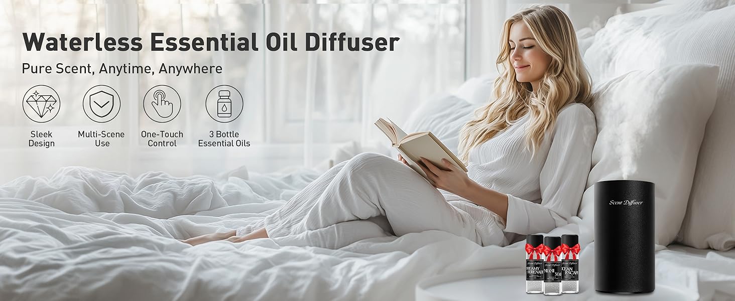 Waterless Essential Oil Diffuser Starter Kit - No Water Needed, Battery Operated Mini Scent Air Machine, Included 3x20ML Essential Oils, Portable Aromatherapy Diffuser for Home & Car & Office, Black
