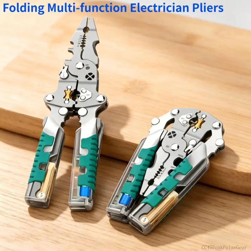 CC47PeakPulseGear Electrician Multitool Pliers - Voltage Tester, Wire Stripper, Cutter, Crimper, Splitter, Winder, Foldable Hand Tool for Hiking, Light Outdoor Use