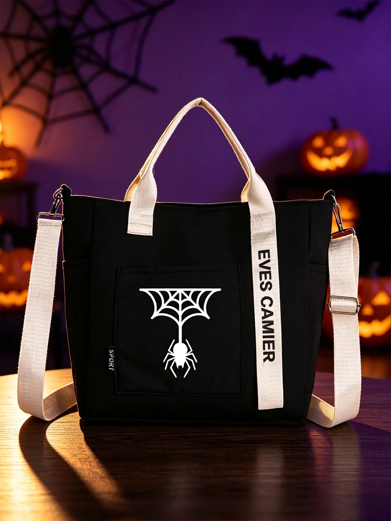 Halloween Spider Bat Pumpkin Print Fashion Tote Bag, Unisex Shoulder & Crossbody Handbag, Large Capacity Multi-Compartment Hand Bag, Ideal Festival Gift for School, Daily Travel & Halloween Party