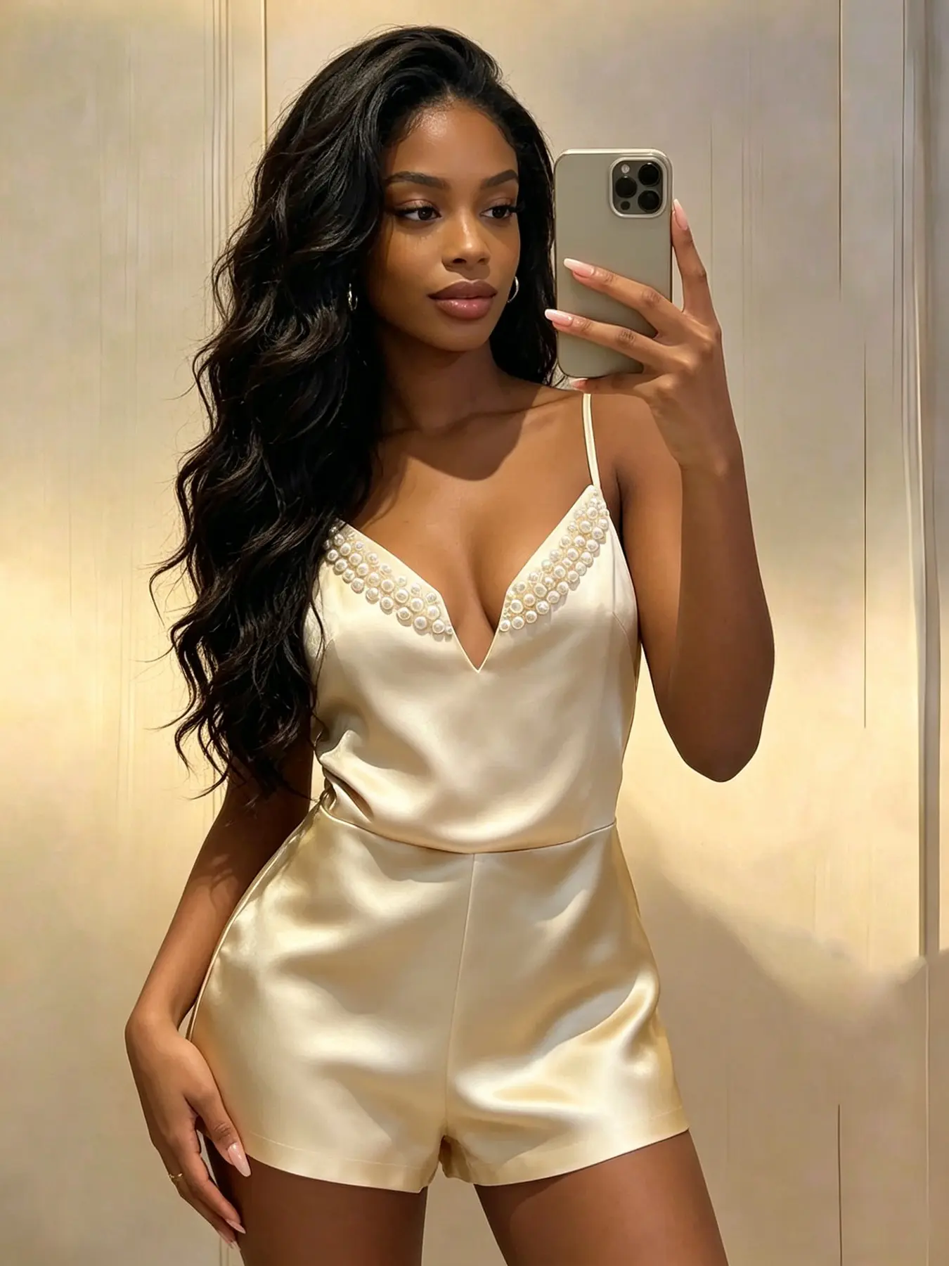 Champagne Satin V-Neck Pearl Halter Jumpsuit, High-Waisted Slim Fit, Luxurious Evening Wear, Party, Casual Street Style, Womenswear