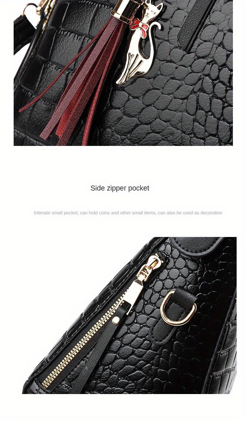 Fashion Crocodile Pattern Women's Handbag 2-piece Set, Women's Shoulder Bag with Tassel Decoration, Metal Cat Pendant Crossbody Bag