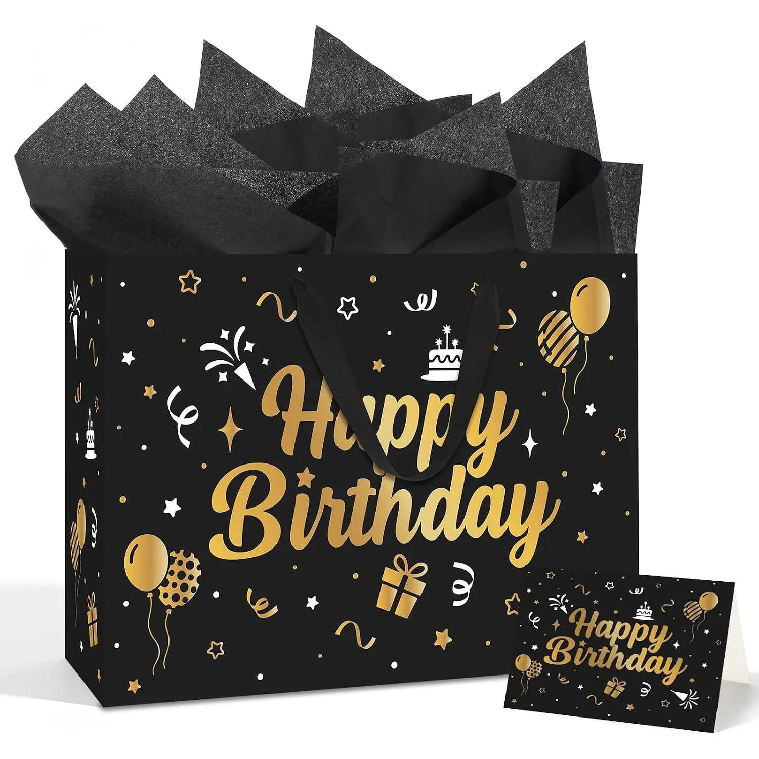 14.5" Large Black Happy Birthday  Bag with Tissue Paper & Card |  Birthday Bag, Ribbon Handle, Black and  Design, Men or Women Birthday  Wrap