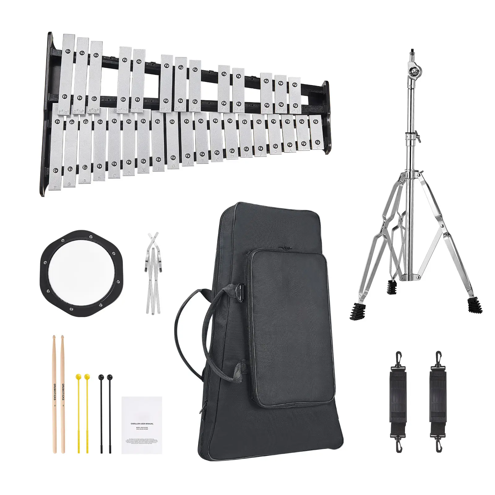 32 Note Glockenspiel Xylophone Bell Kit, Professional Percussion Instrument Set with Mallets, Drum Sticks, Music Stand, 8" Practice Pad, Adjustable Stand and Carrying Bag for Students & Adults