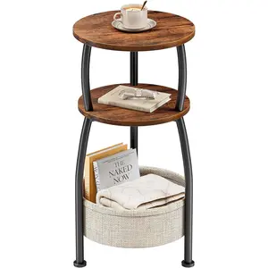 Small Side Table for Small Spaces with Storage Basket, Round 3-Tier End Table NightStand Sofa Corner Table for Living Room Bedroom Patio, 24in Tall Rustic Brown