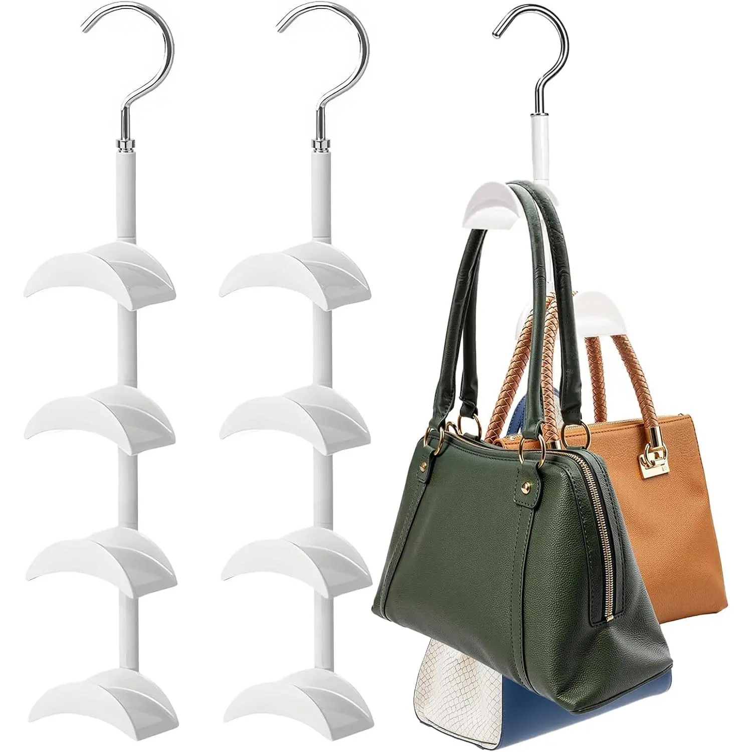 Steel-Plastic Closet Purse Hanger Organizer with 4 Curved Hooks - Vertical Stack Rack, Rotatable Holder for Handbags, Backpacks, Handbag
