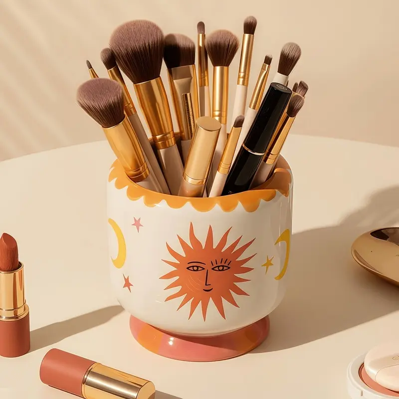 1PC Hand-Painted Boho Ceramic Makeup Brush Holder, Decorative Pen Cup and Vanity Organizer with Base, Cute Desk Decor for Bathroom, Bedroom, Office, Succulent Planter and Gift