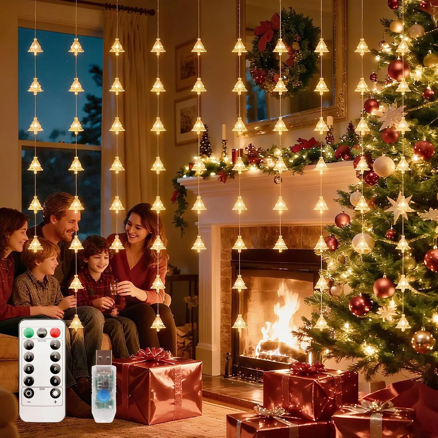 Christmas Tree Curtain Lights, Warm White Window Lights 70 LEDs  Light with Remote Fairy Led Twinkle String Lights  Bedroom Wall Ceiling Décor for Christmas, Wedding, Party