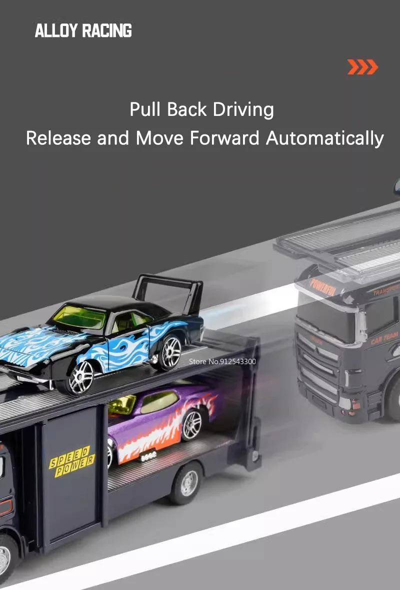 Scale 1:64 Container Alloy Trailer Model Toy Car Diecast Metal Movable Joint Pull Back Rescue Engineering Vehicles Gifts for Kid