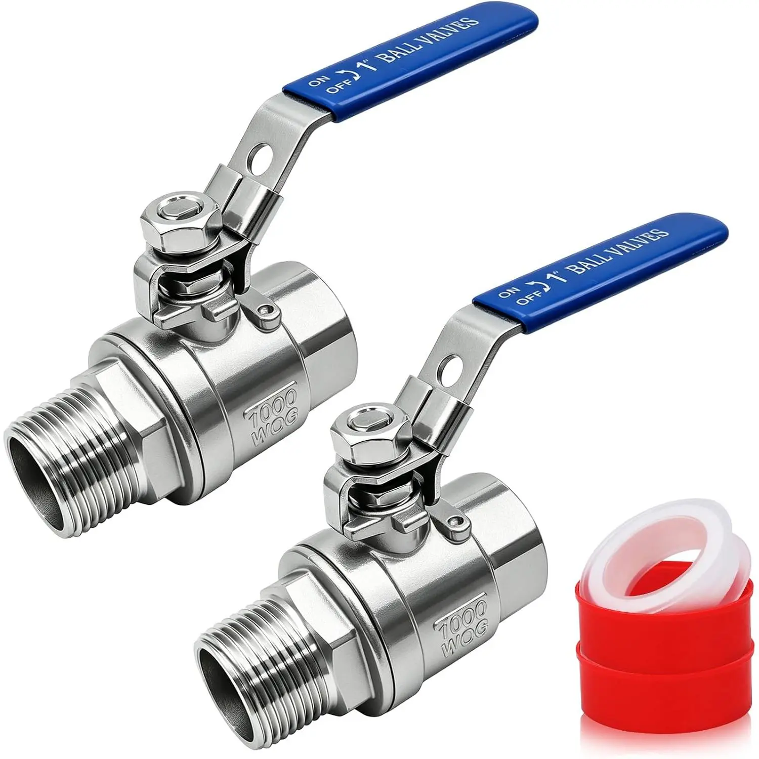 2Pack 304 Stainless Steel 1inch Ball Valve, NPT Female x Male, Heavy Duty Full Port Shut Off Valve with Locking Blue Vinyl Insulation Handle for Water, Oil, Gas, 2- Construction, 1000WOG