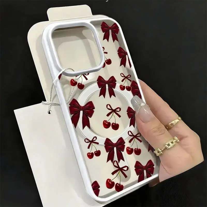 Bold Cherry Bow Acrylic Smartphone Protect Cover - Slim Profile Anti-Yellowing Finish Stays Bright Accessory, Molded Shockproof Magnetic Shell, Wireless Charging Compatible Mobile Phone Accessory