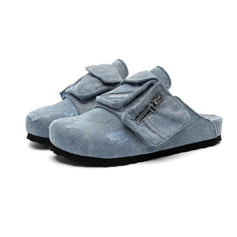 Unisex Denim Mules - Unisex Size, Round Toe, Distressed Look Canvas, Zipper-Decorated, Gear-Thick Sole, Heelless Casual Slip-Ons with Pockets, Casual Wear for Everyday Use, Workwear-Style Slippers 26066
