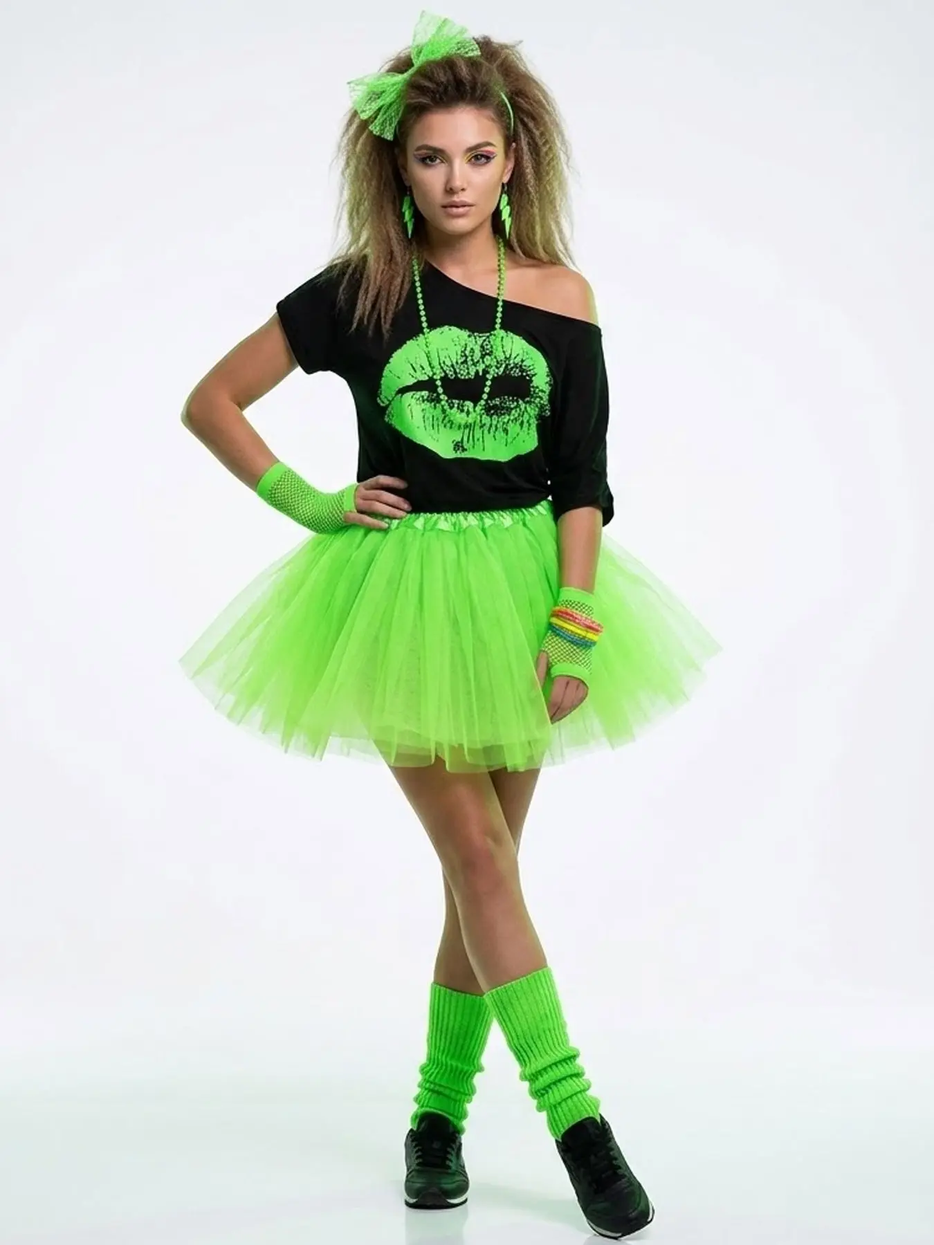 80s Retro Tutu Skirt Outfit Set Drop Shoulder Tee Women Party Stage Costume