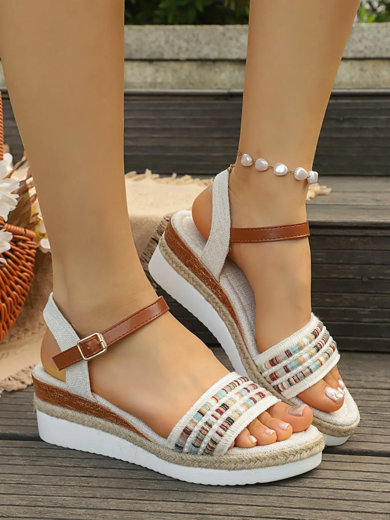 Boho Sandals, Casual Fashion Sandals with Beaded Rope Details, Non-Slip Durable Wedge Heel, Summer & Spring Everyday Wear, Ethnic Style Footwear for Outdoor Activities