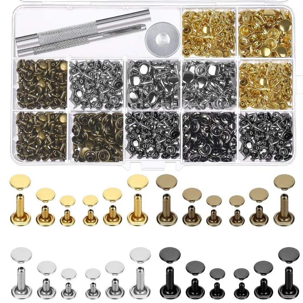 480 Sets Small Double Cap Leather Rivets 4 Colors 3 Sizes (Cap Diameter: 6mm/8mm/8mm) Tubular Metal Studs with 3 count Setting Tool Kit for Leather Craft Repairs Decoration