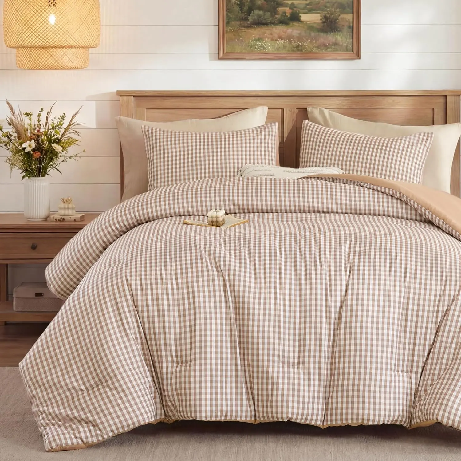 Gingham Comforter Set , 3 count Tan  Comforter Set |  Gingham Bedding Set, Lightweight Warm Grid Checkered  Bedroom Decor for   with 2 Pillowcases