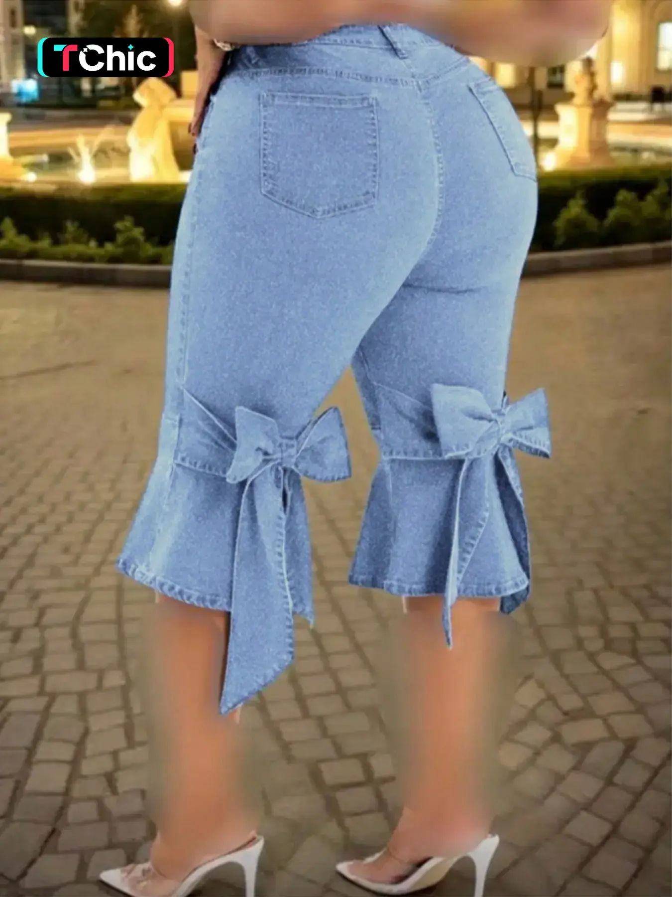 Women's Casual Denim Five-Quarter Pants, Spring Summer Fashion, Ruffle Bow Design, Versatile Daily Wear, Trendy Ladies' Clothing
