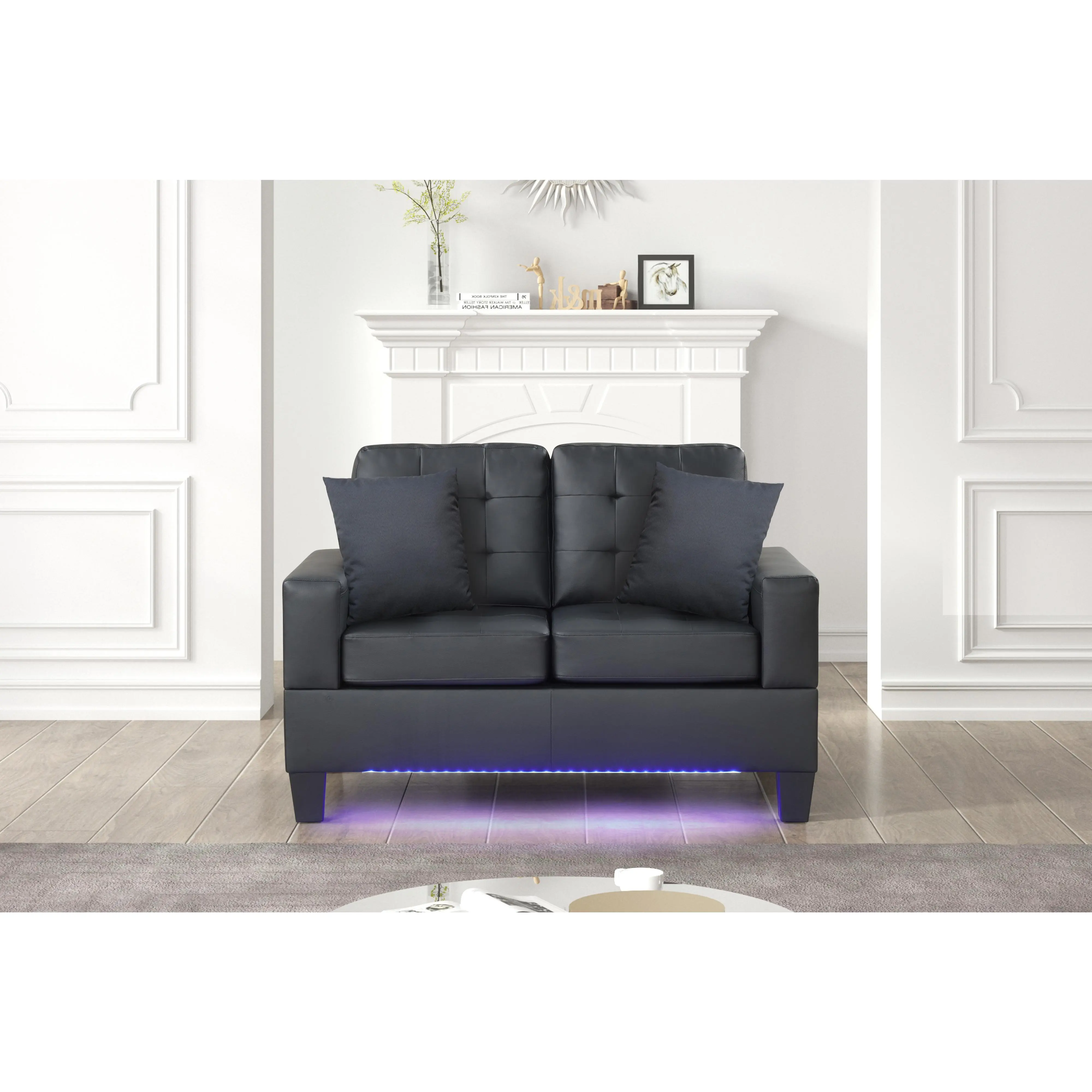 ARCH 55.5"W Black PVC Loveseat Sofa with LED Lights, USB Charging Port, Tufted Cushions, 2 Throw Pillows, 2-Seat Couch for Living Room, Apartment, Home Theater, Black Plastic Legs, Modern, Black Color Options, PVC Material, 2 Seat Seat Count