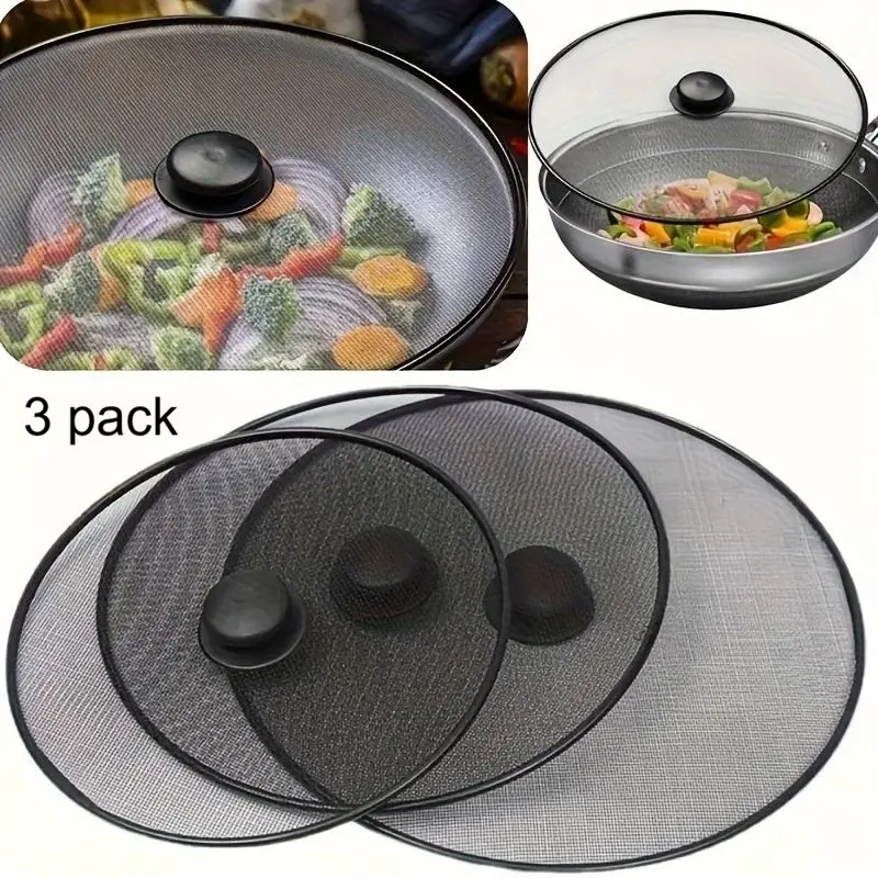 3 Pack Splatter Screen, Frying Pan Splatter Screen, Splash Guard Lid with Knob, Extra Fine Mesh Splash Guard Pot Lid,Iron Coating Grease Guard Frying Pan Cover for Cooking