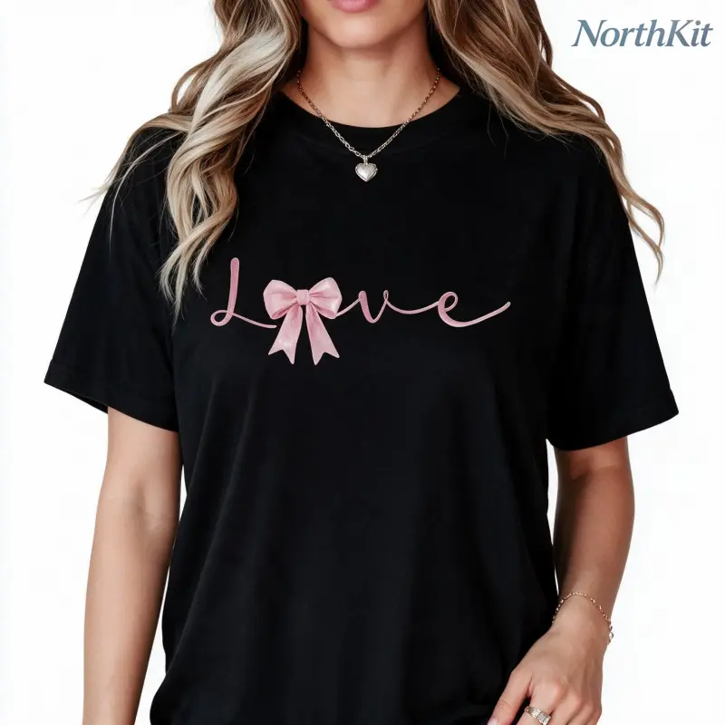 Women's Casual Graphic Tshirt with a Pink Bow and Love Print, Comfortable Loose Cut Shortsleeve Top with a Round Neck in 100% Fabric, Lady, Streetwear, Casual Wear, Women's T Shirts, Casual Tee