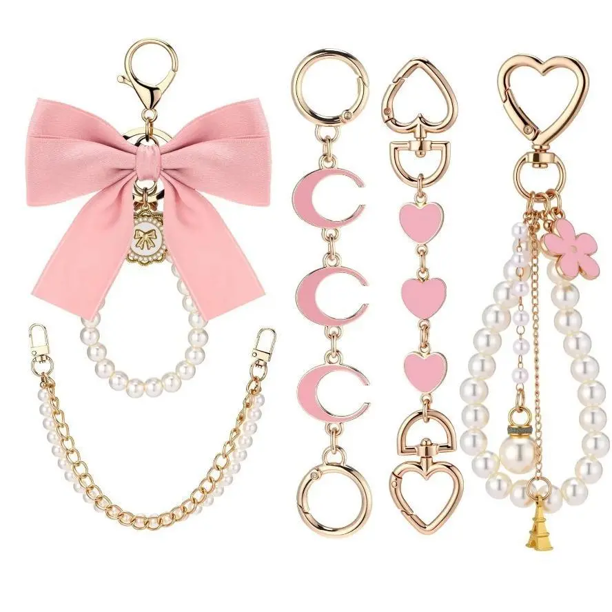 5Pcs Gold Pearl Bag Extender Chain with Bow, Decorative Purse Strap Charms, Stylish Handbag Decoration Accessory for DIY Bag Upgrade & Daily Fashion Styling