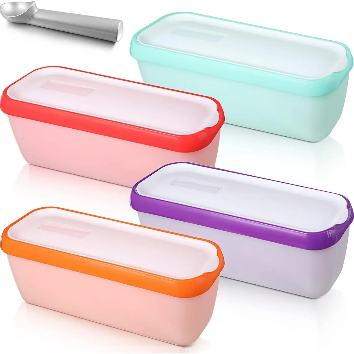 4 Pcs Reusable Ice Cream Containers with Lids and a Scoop 1.5 Quarts Plastic Rectangle Dessert Storage Tubs Homemade Ice Cream Storage Containers for Freezer Kitchen Refrigerator (Cute Colors)