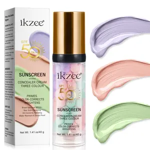 ikzee 3-Color Correcting Primer with Sunscreen, 40g: A 3-color corrective primer featuring green, purple, and nude sections to specifically correct redness, dullness, and yellow undertones, creating an even, flawless base. Combines primer, concealer, and