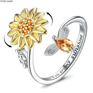 Sunflower Bee Rotatable Fidget Ring for Women, Crystal Inlaid Open Stress Relief Spinning Band Trendy Anxiety Jewelry