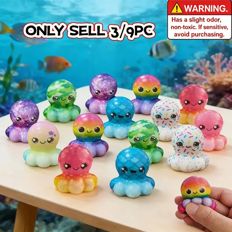 Set of 3 or 9 colorful and cute Kawaii Squishy octopus toys, Cute squishies, Soft and slow-rebound, with squishy music. Perfect as stress-relief toys for adults at parties, classroom rewards, party favors, birthday gifts (colors are random)