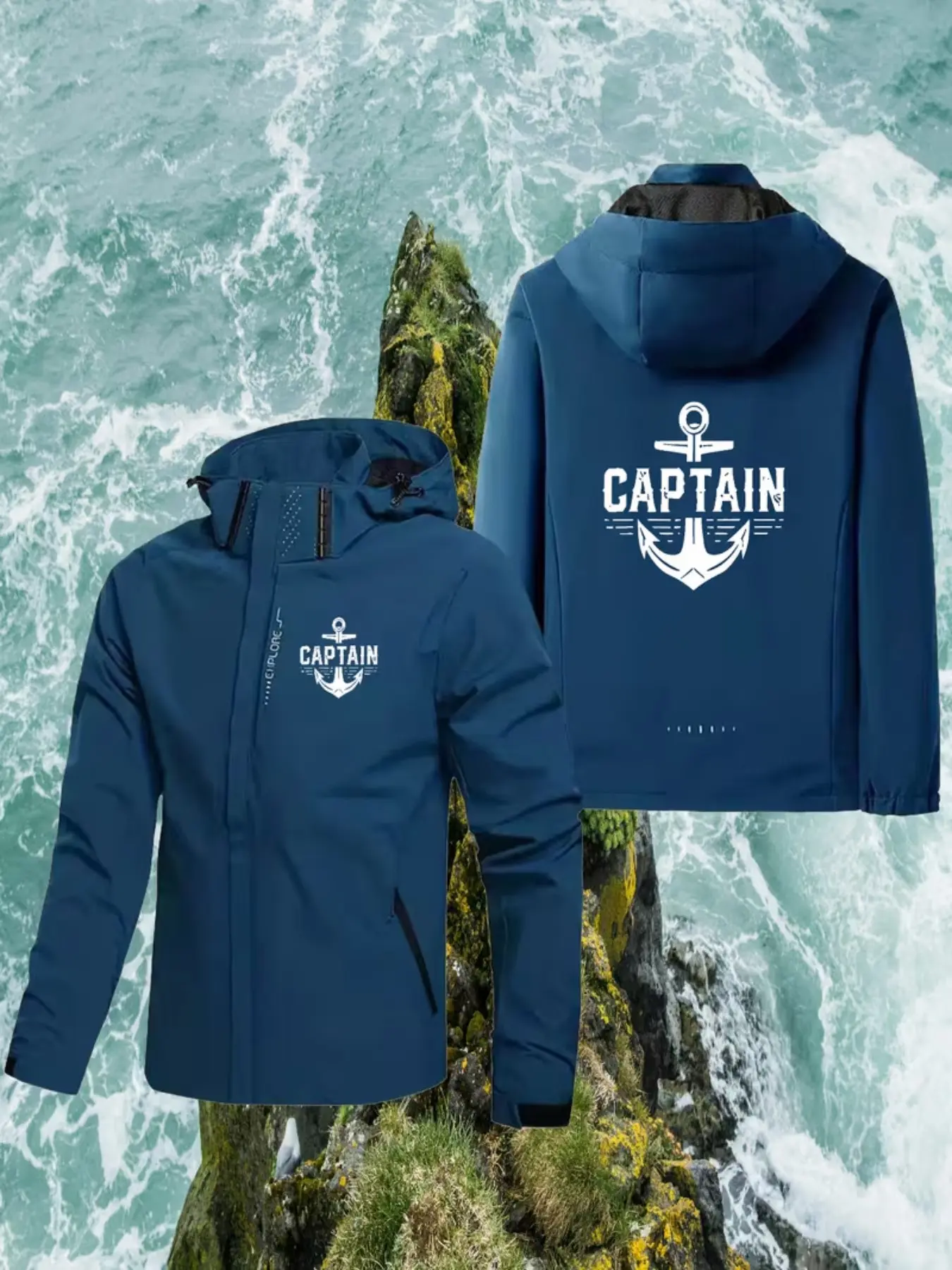 Men's Spring Fall Sporty Hooded Jacket, Windproof Warm Quick-Dry Breathable, Durable Tear-Resistant, Multiple Pockets, Captain Print