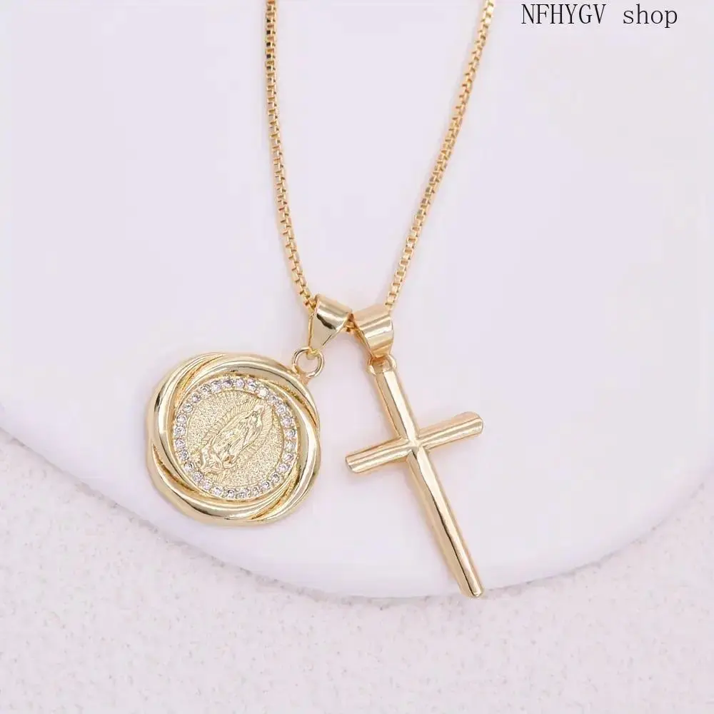 Women’s Gold-Plated Cross Relief Virgin Mary Crucifix Necklace, Zircon Embellished Religious Pendant Jewelry, Classic Faith Accessory for Daily Casual Wear And Religious Occasion Matching