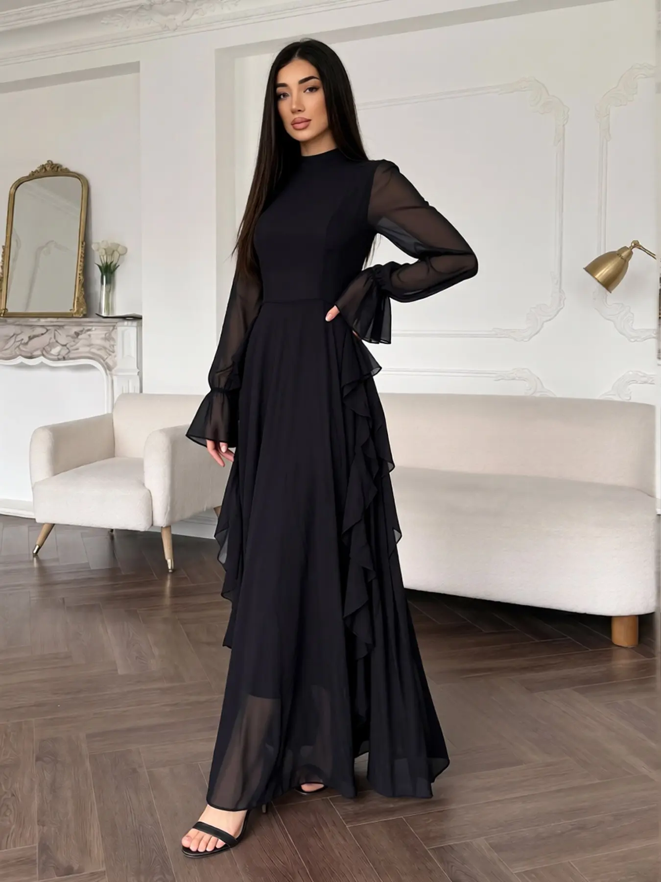 Elegant Stand Collar Dress, Sheer Chiffon Leaf Sleeve, Slim Fit Long Dress, Spring Summer Autumn Women's Fashion, Chic