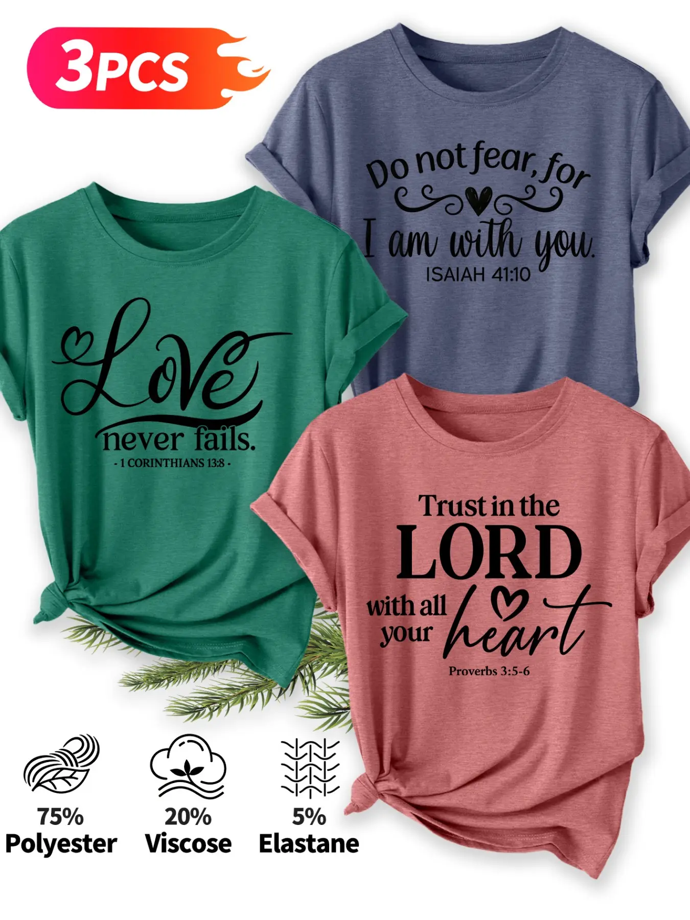 3Pcs Women Crew Neck T-Shirt, English Bible Verse Heart Inspirational Faith Text Print, Multi-color Washable Spring Summer Top, Soft Skin-friendly Fabric Daily Versatile Fashion Design