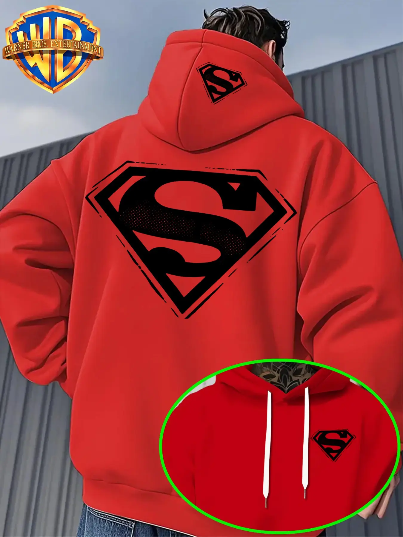 Warner Bros Men's Vintage Superman Print Hoodie, Casual Loose-Fit Streetwear, All over Print, Retro Superhero Top, Plain Surface Design
